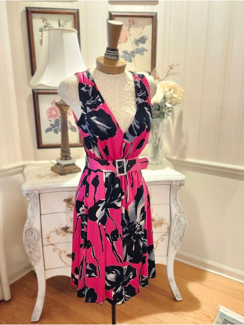 Bisou Bisou Hot Pink Palm Beach Chic Tropical Vacation Cruise Dress  10